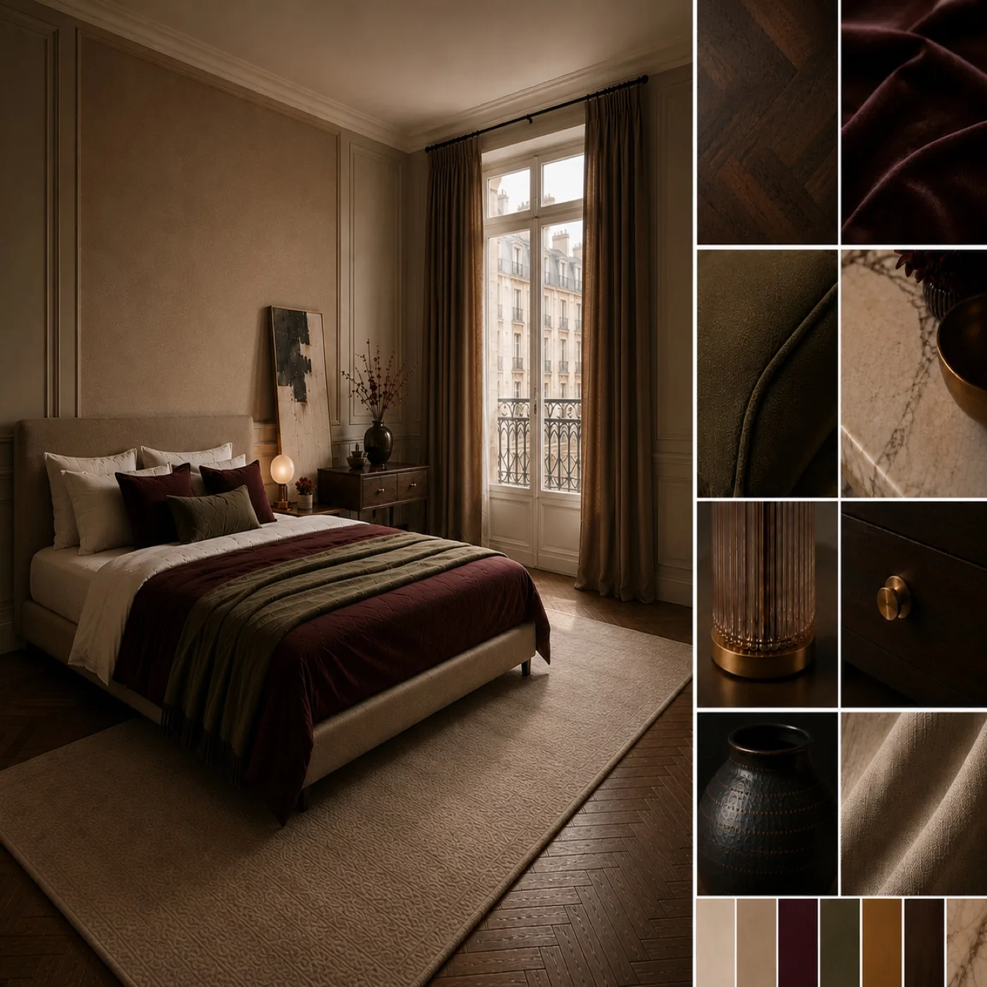 AZOURÉ x ALLURE — Moodboard mit elegantem Pariser Schlafzimmer, Burgundy, Olive, Messing und Fischgrätparkett