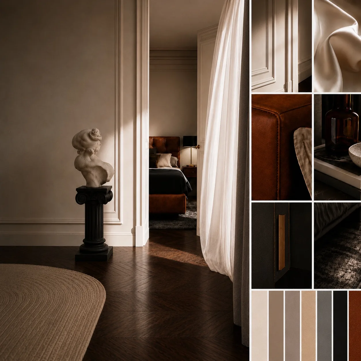 AZOURÉ x ATELIER — Moodboard mit cremefarbenem Schlafzimmer in Brussels-Ästhetik, Champagne, Cognac, Stein, Metall, Leder und Satin