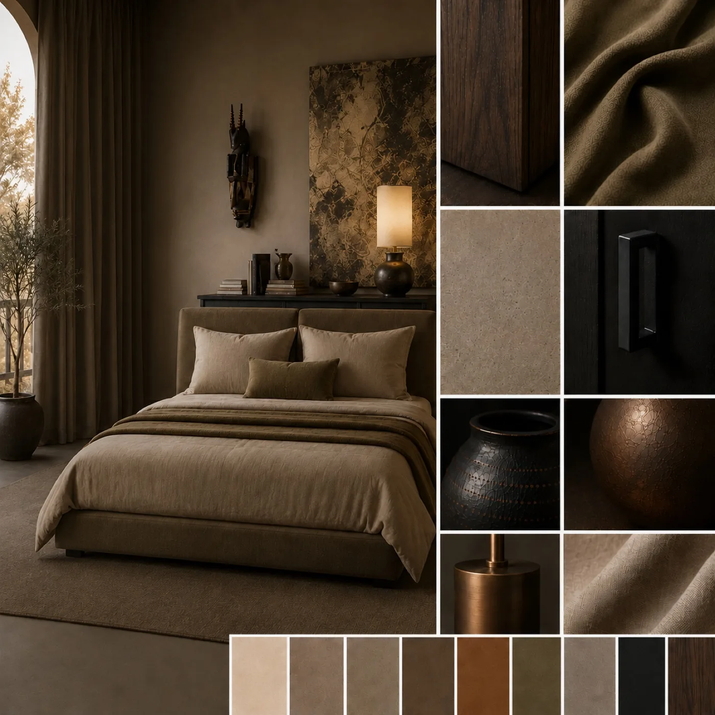 AZOURÉ x AURA — Moodboard mit warmem Schlafzimmer in Marrakesh-Ästhetik, Bronze, Patina und Erdtönen