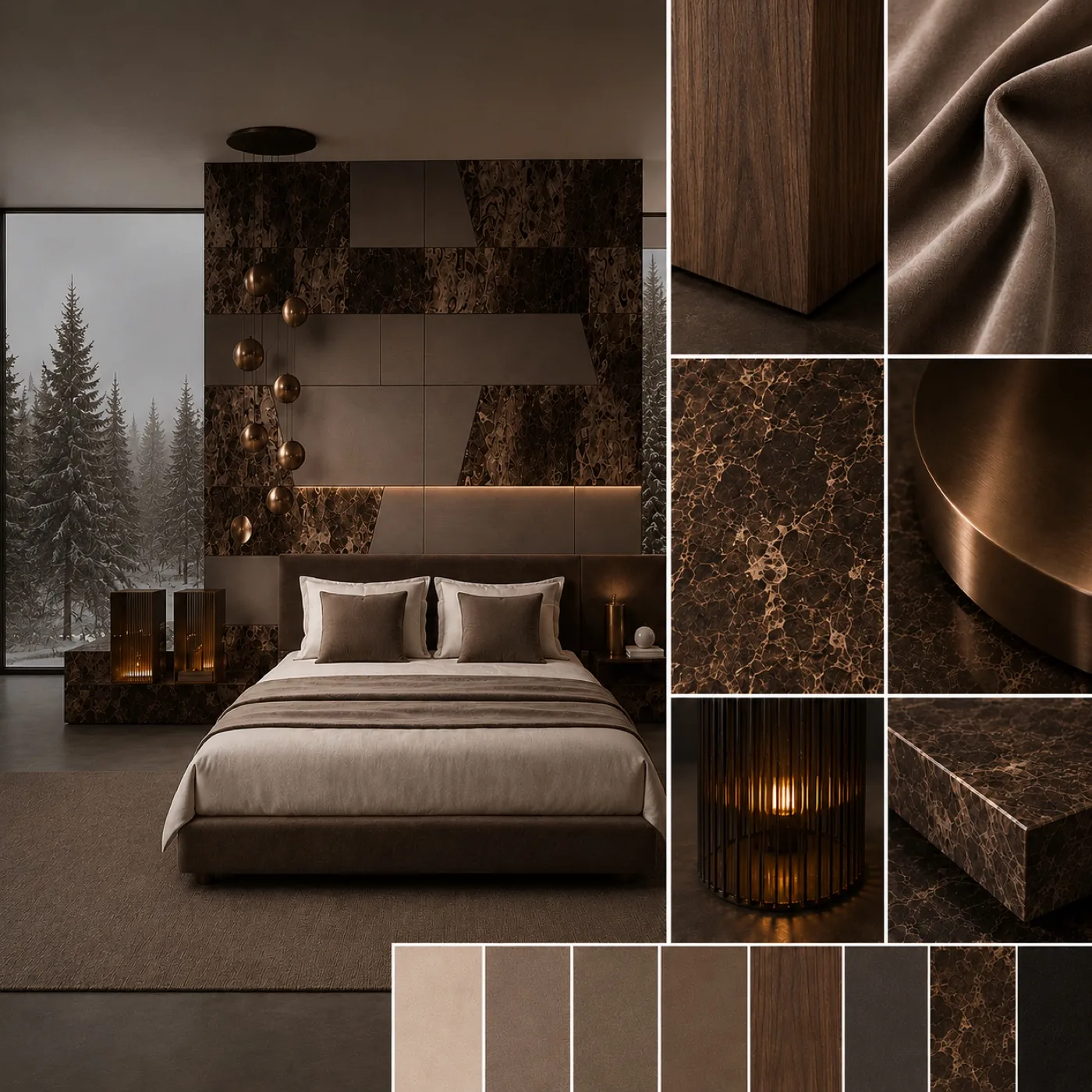 AZOURÉ x COUTURE — Moodboard mit ausdrucksstarkem Schlafzimmer in Milan-Ästhetik, Emperador-Marmor, Kupfer und Walnuss