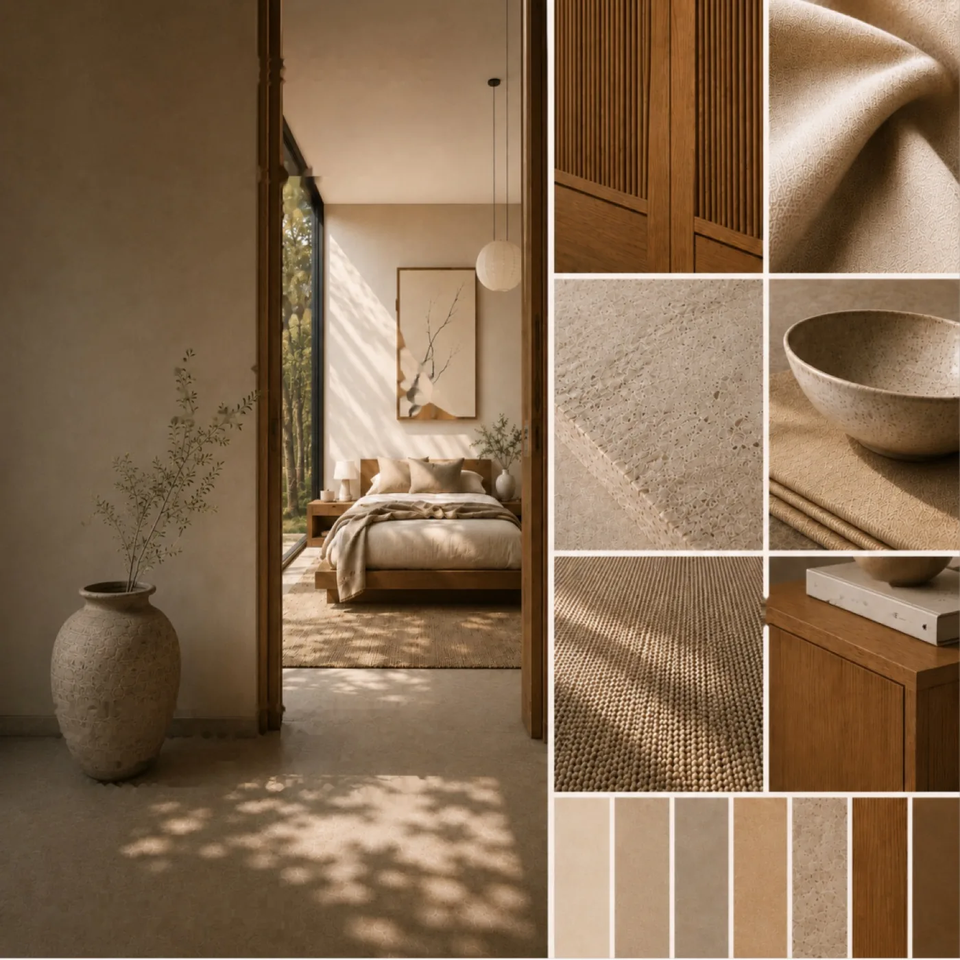 AZOURÉ x ESSENCE — Moodboard mit Schlafzimmer in Kyoto-Ästhetik, Eiche, Stein, Keramik und Leinen