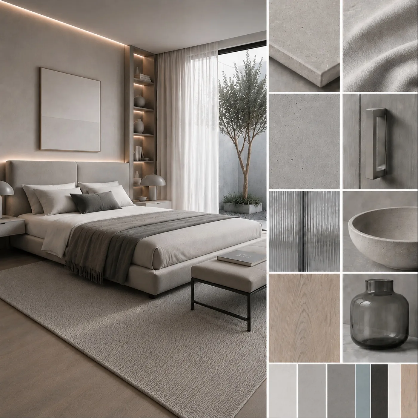 AZOURÉ x HAVEN — Moodboard mit minimalistischem Schlafzimmer in heller Skandi-Ästhetik, Beton, Glas und Olivenbaum