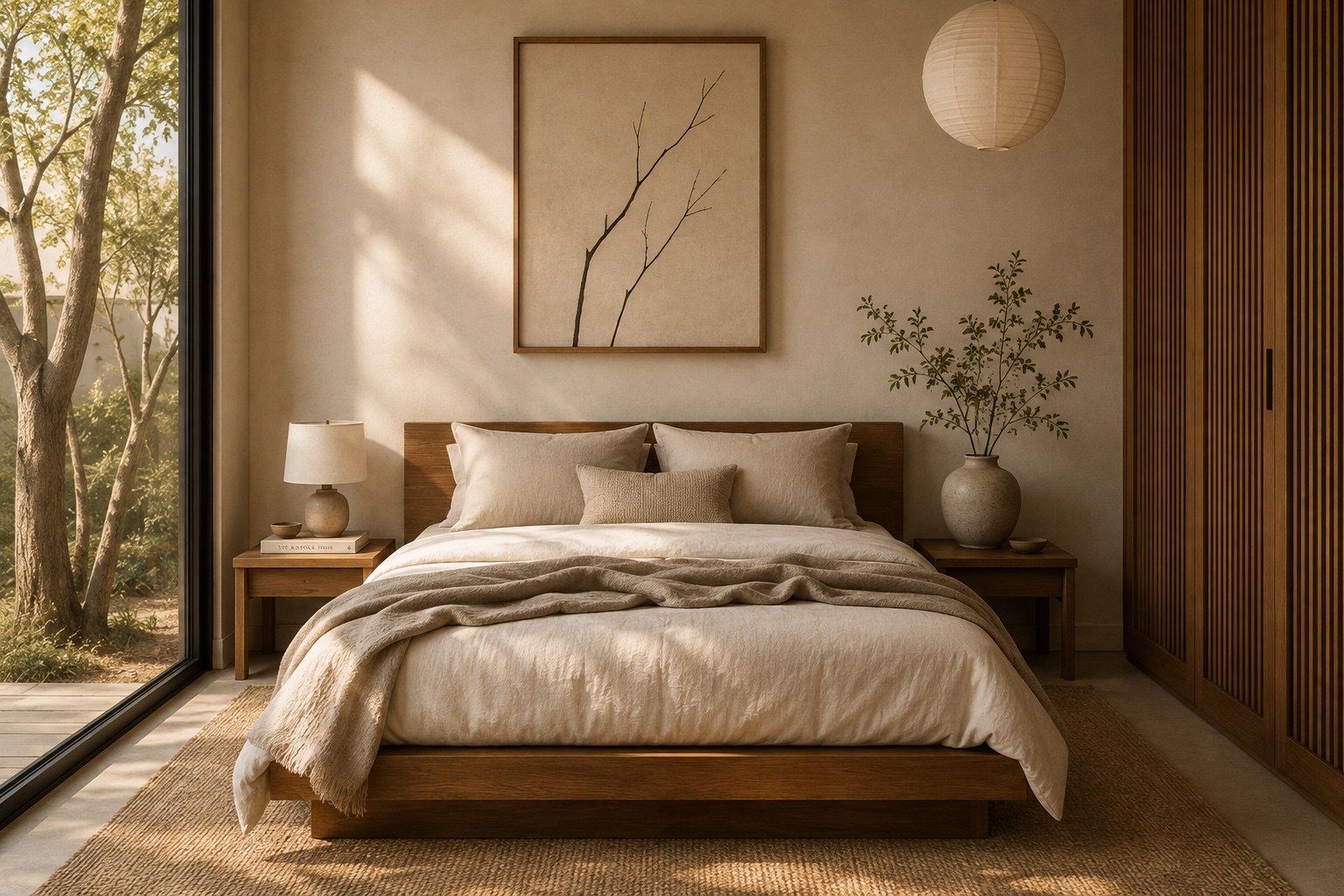 Ruhiges Schlafzimmer des Essence Concepts mit warmem Holz und natürlichem Licht