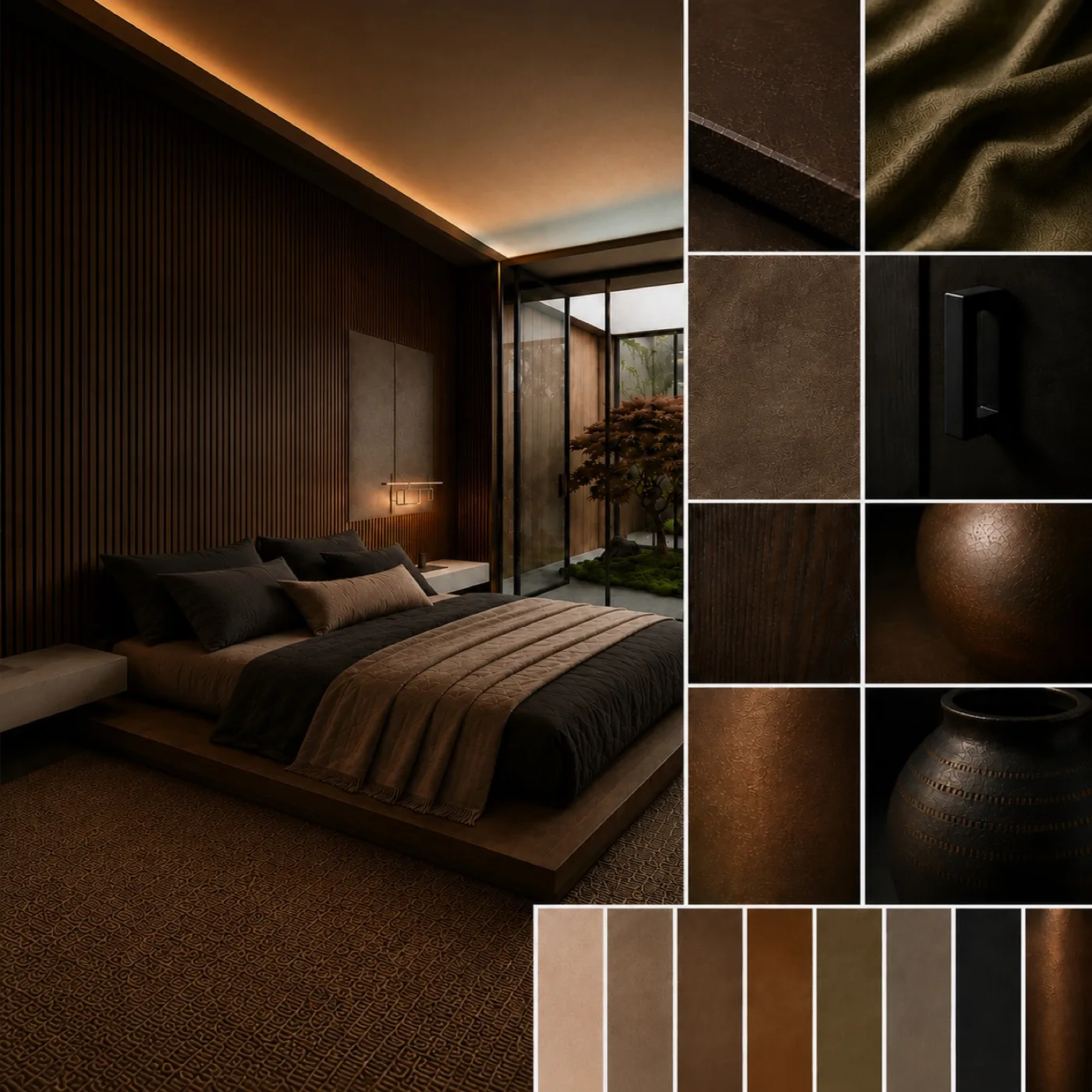 AZOURÉ x ORIGIN — Moodboard mit dunklem Schlafzimmer in Tokyo-Ästhetik, Walnuss, Kupfer und tiefen Brauntönen