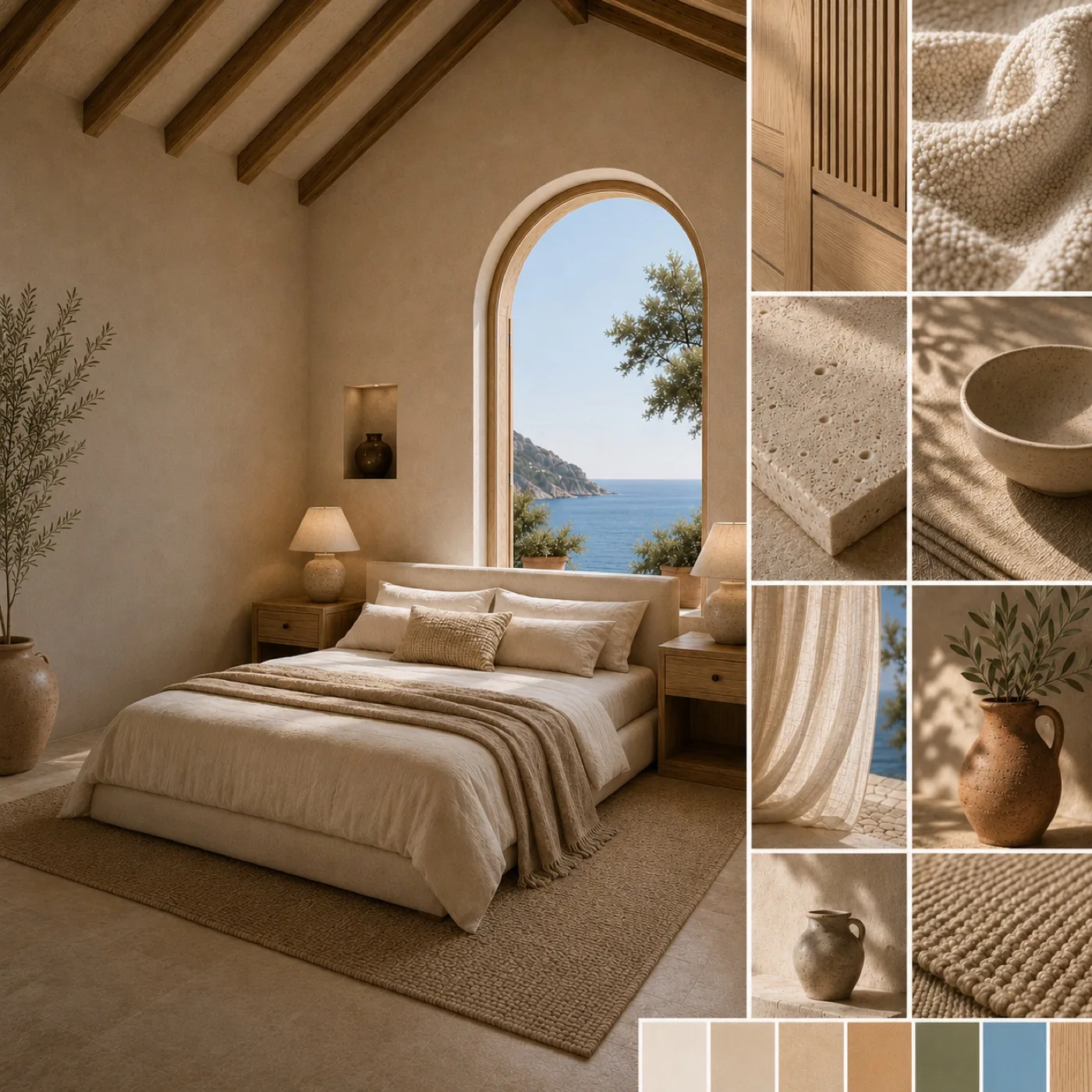 AZOURÉ x RIVIERA — Moodboard mit hellem Schlafzimmer mit Meerblick, inspiriert von Capri, Leinen und Travertin